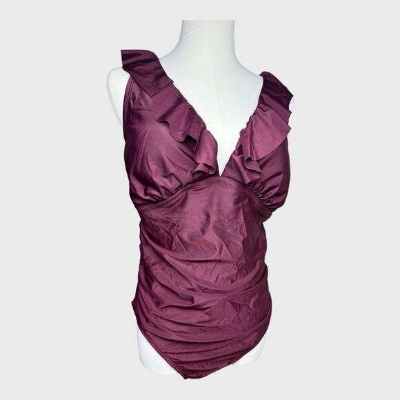 Kona Sol Womens One Piece Shirred Wrap Swimsuit Size 14W Purple Tummy Control - Picture 1 of 16